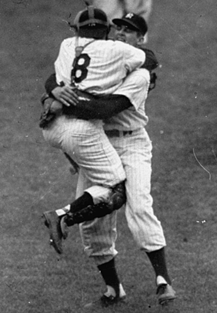 After catching Don Larsen's World Series perfect game, Larsen caught Yogi in a memorable Berra-hug.