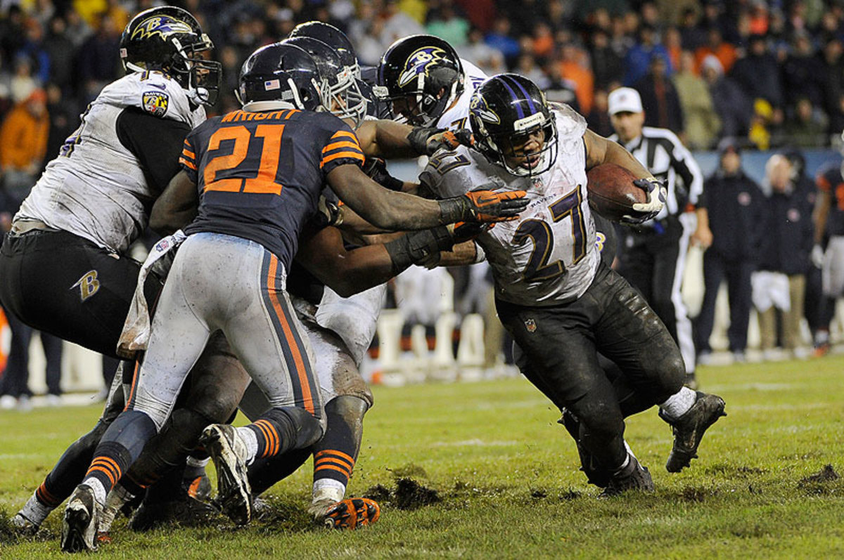 Ray Rice didn't find much room to run in 2013, earning a career-worst 3.1 yards per carry. (David Banks/Getty Images)