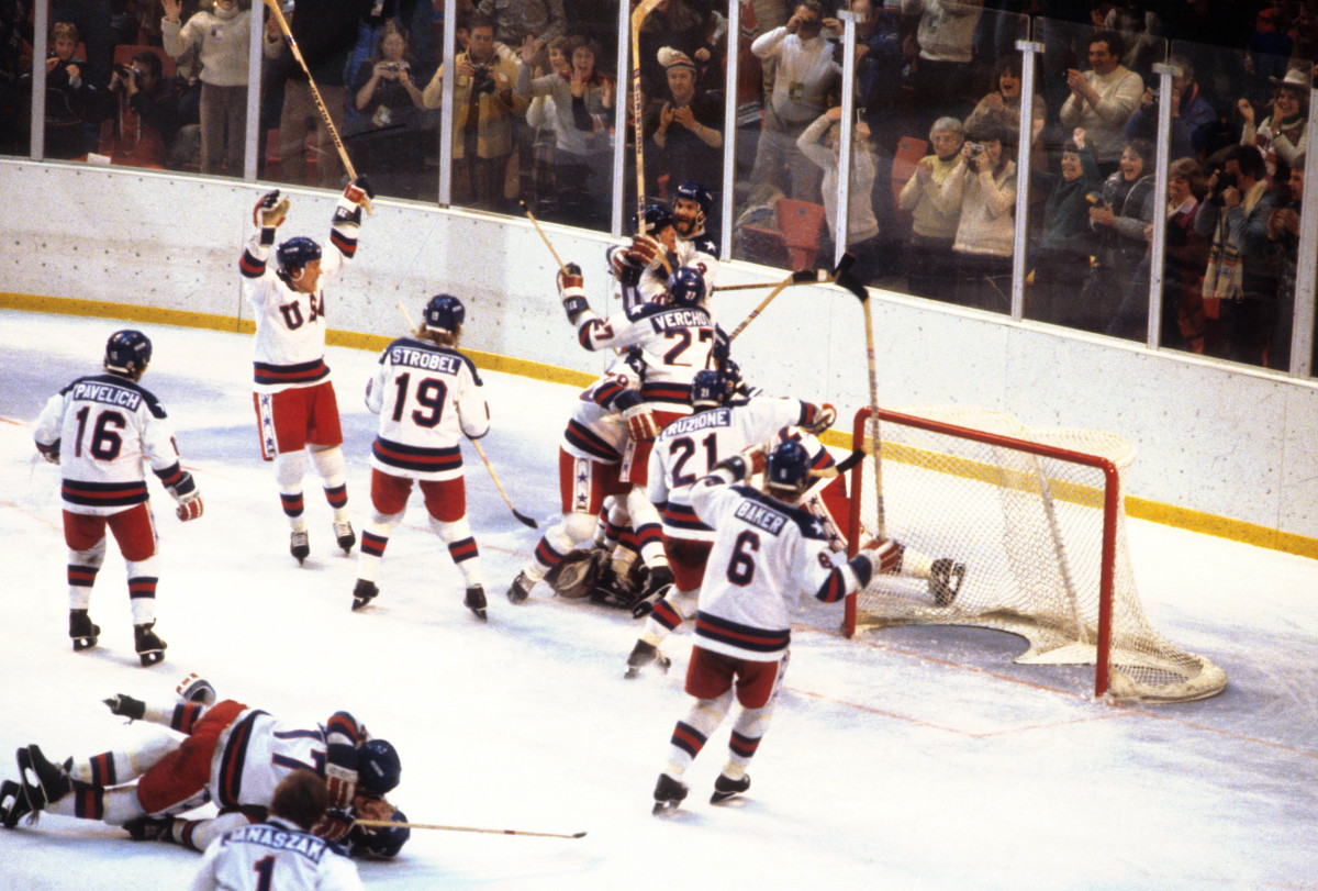 Miracle on Ice U.S. hockey team members celebrate their victory