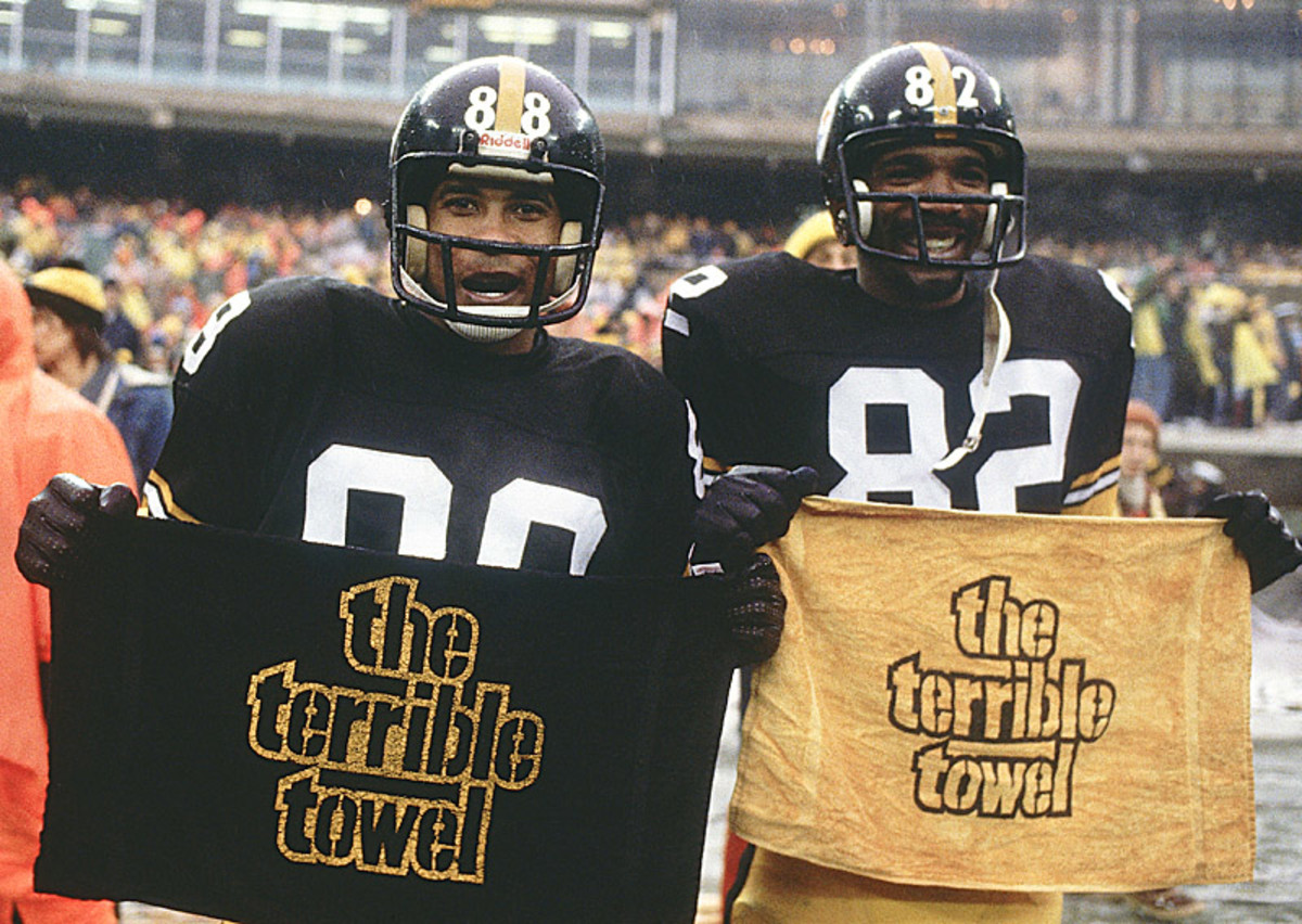 Future Hall of Famers Lynn Swann (left) and John Stallworth show off their Terrible Towels after beating Houston to earn a trip to Super Bowl XIII.