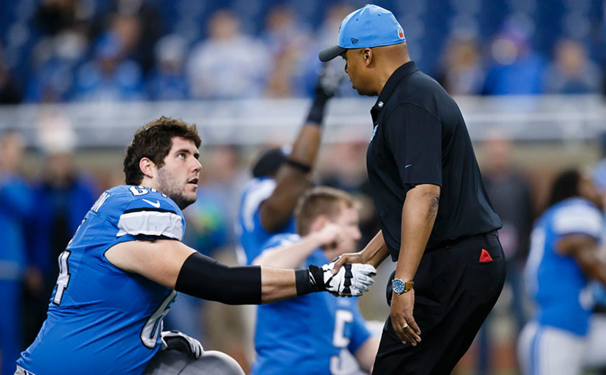 Coach Jim Caldwell and the Lions will be counting on rookie center Travis Swanson in the division-deciding game Sunday in Green Bay. (Rick Osentoski/AP)