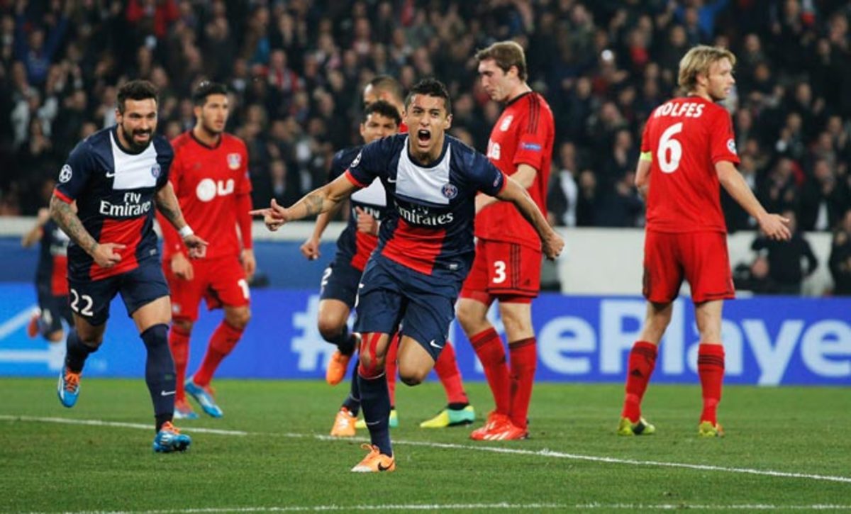 Marquinhos scored PSG's first goal in a 2-1 win over Bayer Leverkusen in the teams' second leg. 