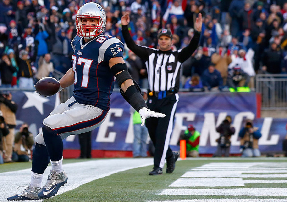 With three more receiving yards in the final two games, Rob Gronkowski will top the 1,000-yard plateau for just the second time in his career. (Jared Wickerham/Getty Images)