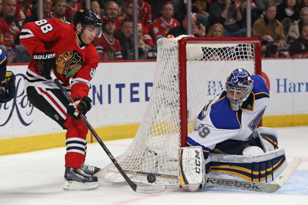 Patrick Kane and the Blackhawks gave Ryan Miller and the Blues plenty to think about in the offseason (Jonathan Daniel/Getty Images)
