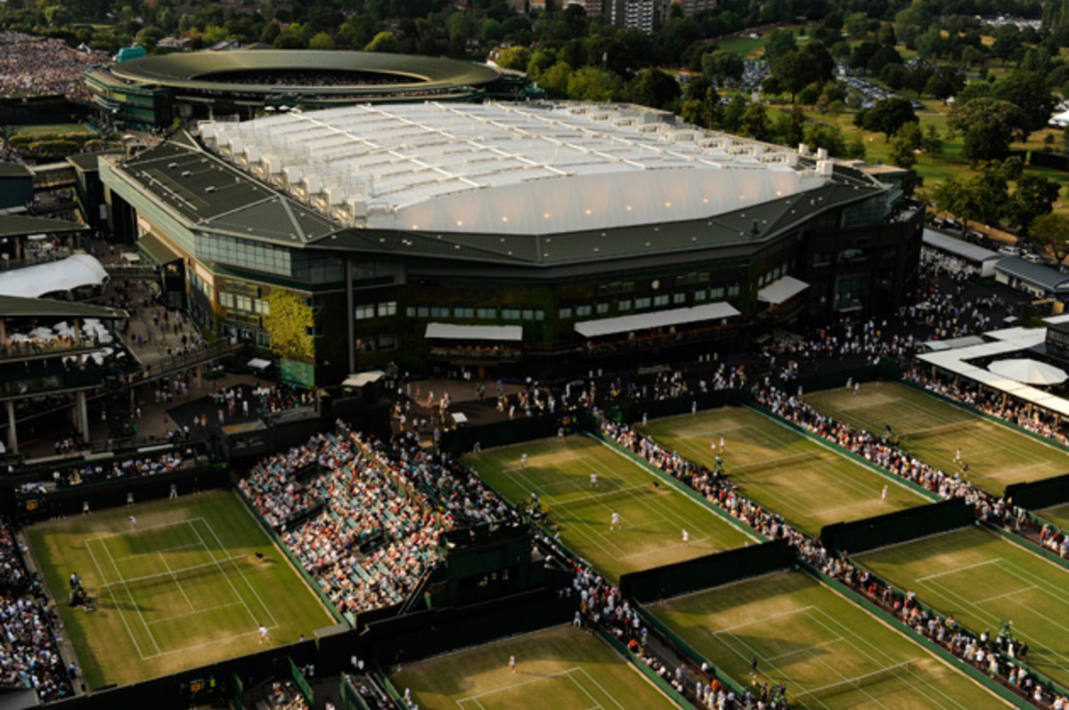 An aerial view of the All England Lawn Tennis & Croquet Club with the Centre Court roof closed for the first time during The Wimbledon Championships 2009. 