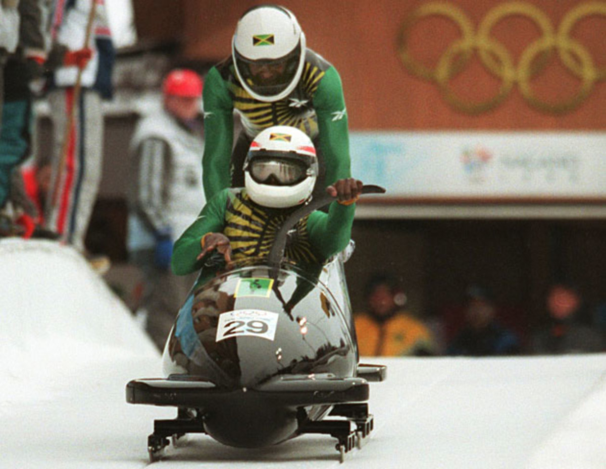 Devon Harris (front) and Michael Morgan at the 1998 Winter Games in Nagano.