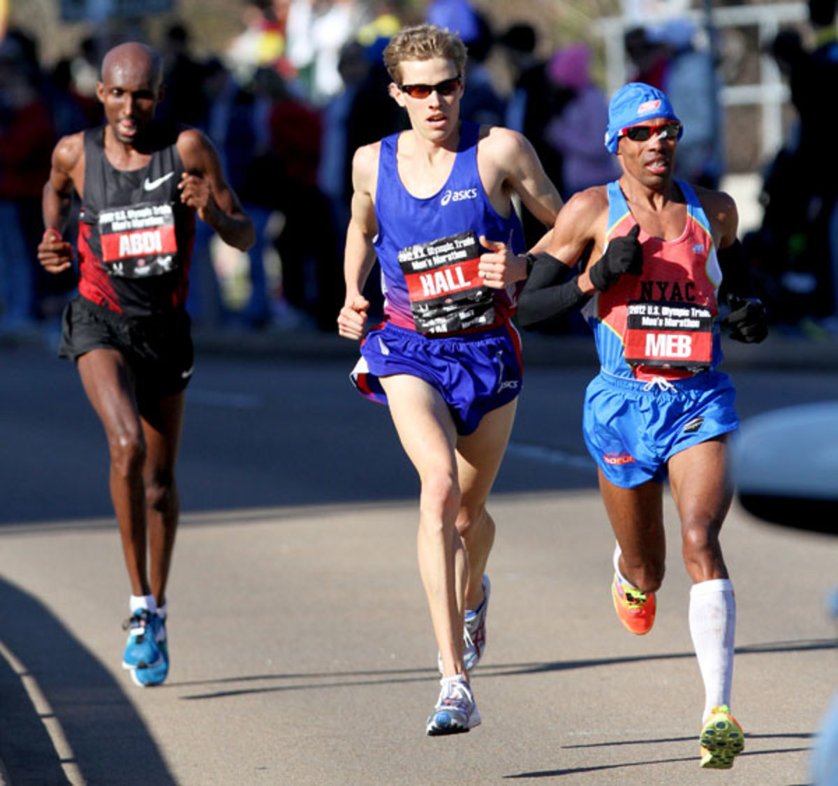 Meb Keflezighi, Ryan Hall and Abdi Abdirahman compete in the U.S. Marathon Olympic Trials in January 2012 in Houston, Texas.