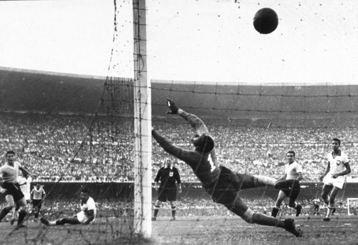 Uruguay's Alcides Ghiggia scores the famous goal that dealt host Brazil a 2-1 defeat in the final of the 1950 World Cup at the Maracana.
