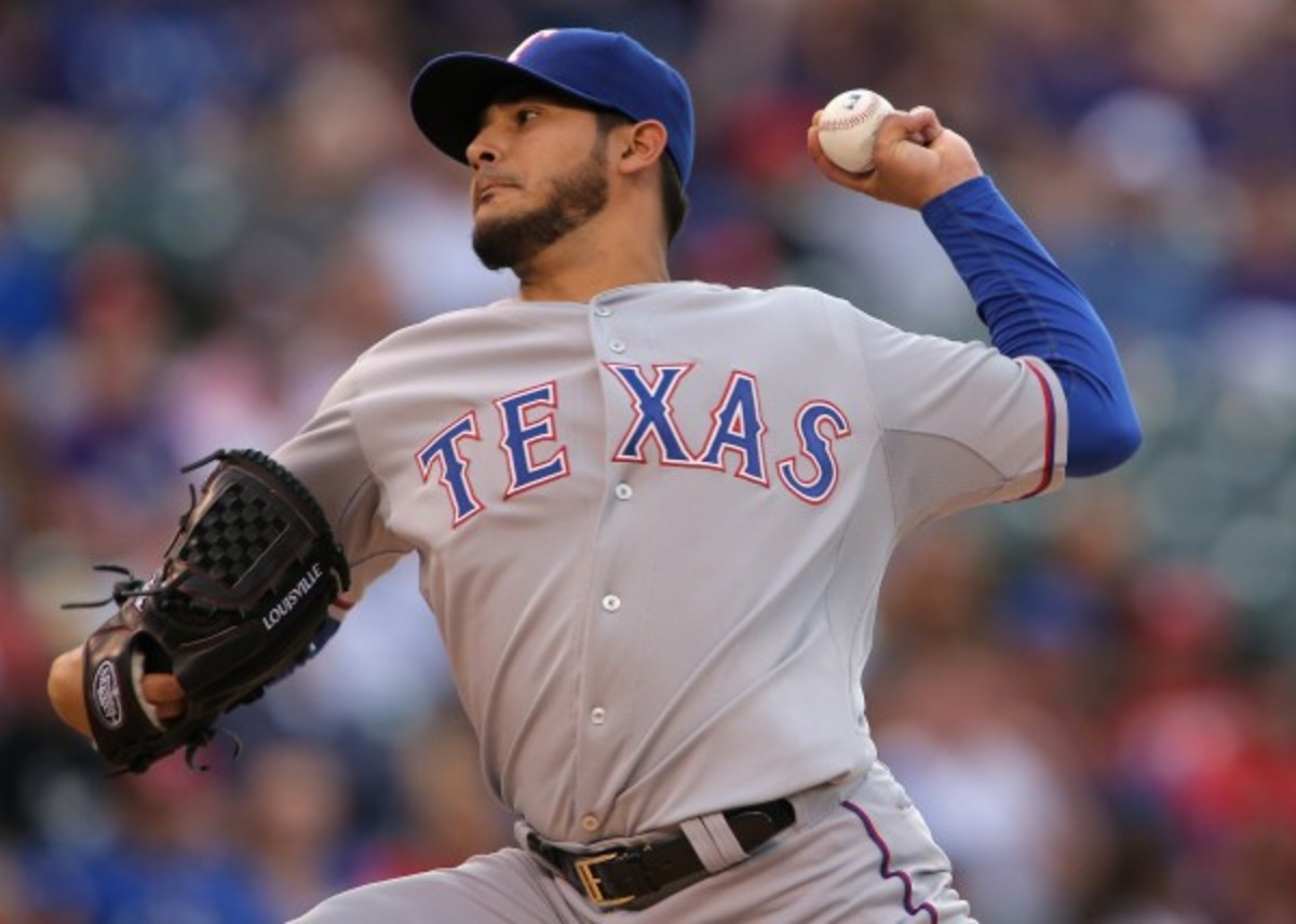 Martin Perez threw 9 shutout innings vs. the A's in April, marking his second straight complete shutout. (Doug Pensinger/Getty Images)