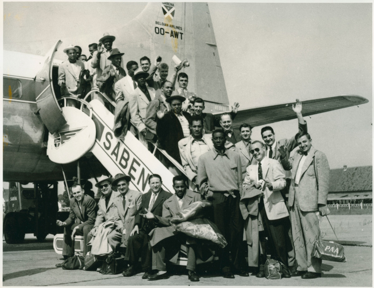 The Washington Generals during their European Tour in 1950. Red Klotz stands third from the right. Other players are Abe Saperstein, Eddie Gottlieb, Pop Gates and Goose Tatum.