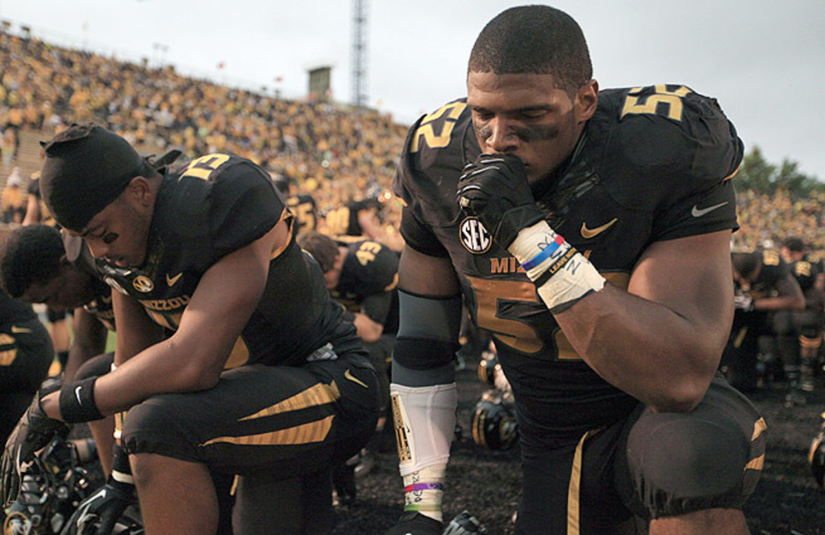 Michael Sam goes from the University of Missouri to the St. Louis Rams via the 249th overall pick.
