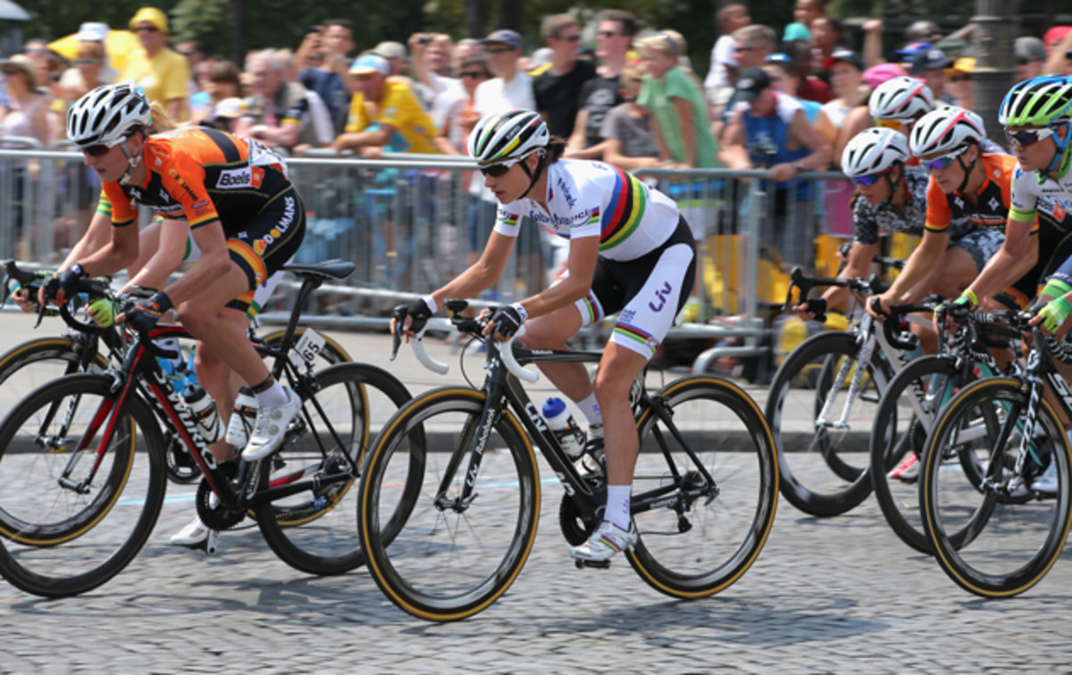 Vos in action during La Course, where riders raced 90km on Champs Elysees prior to the arrival of the Men's Tour de France final stage.