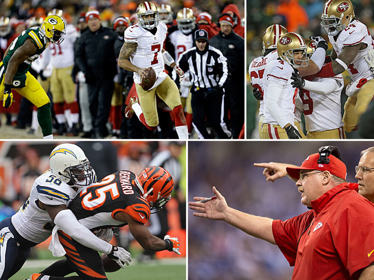 Colin Kaepernick's legs (top left) helped set up Phil Dawson's game-winner (top right). Donald Butler forced a key fumble of Gio Bernard (bottom left), while Andy Reid has to face more questions about his time management skills after the Chiefs' loss. (Getty Images)