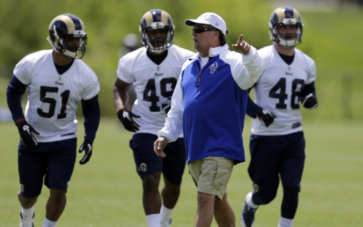 t. Louis Rams head coach Jeff Fisher points during a rookie mini camp at the NFL football team's practice facility(AP Photo/Jeff Roberson)
