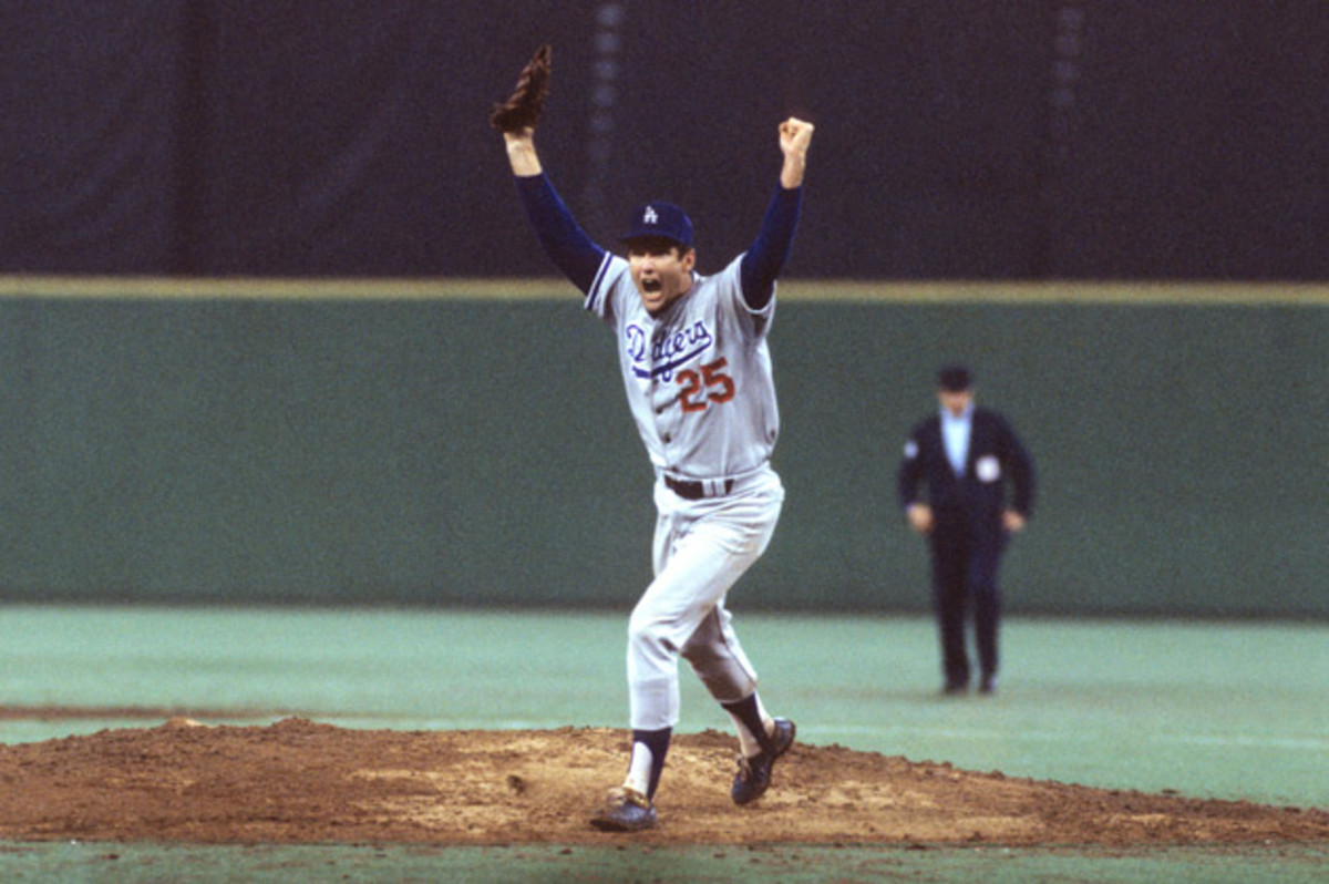 Dodgers pitcher Tommy John runs off the mound in celebration after winning Game 4 (and the series) in a National League Championship matchup against the Philadelphia Phillies in 1977, three years after undergoing surgery. 