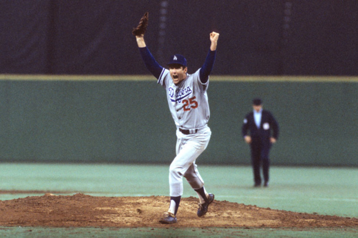 Dodgers pitcher Tommy John runs off the mound in celebration after winning Game 4 (and the series) in a National League Championship matchup against the Philadelphia Phillies in 1977, three years after undergoing surgery.