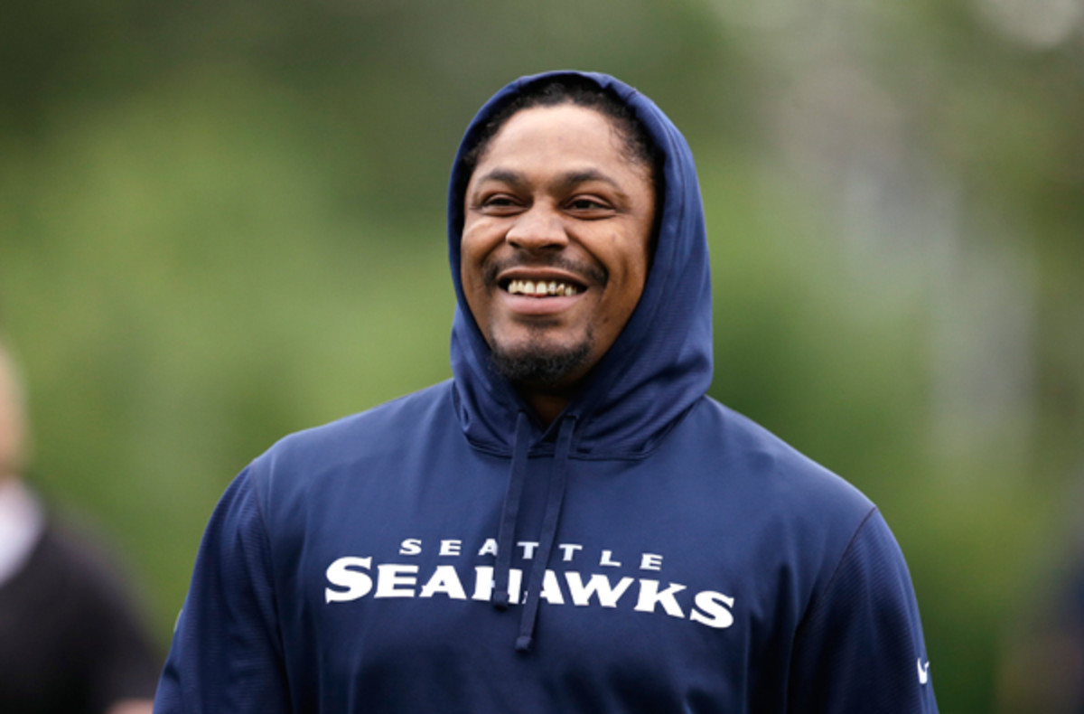 Marshawn Lynch looked like a happy camper at the Seahawks' practice facilities on Tuesday. (Elaine Thompson/AP)