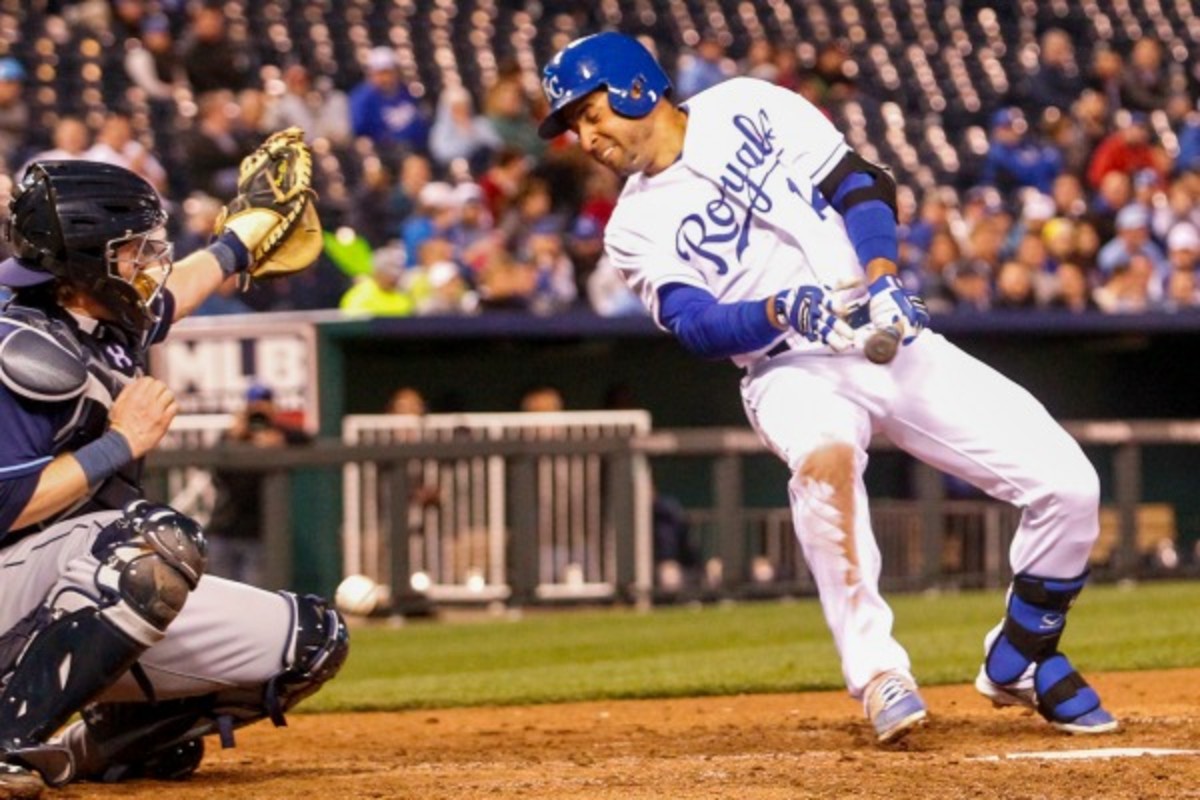 Omar Infante was struck in the left jaw by a Heath Bell pitch. (AP)