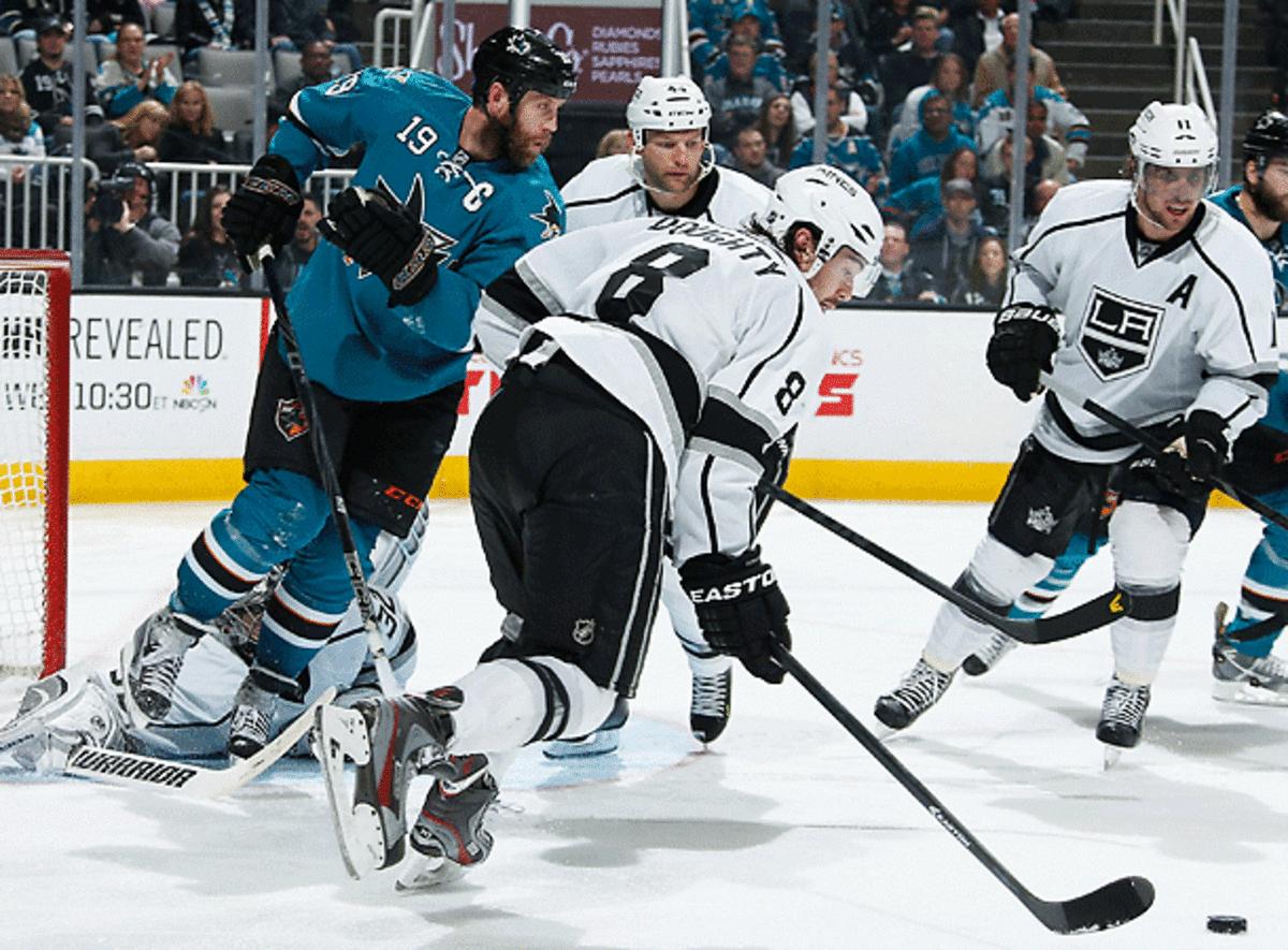 Joe Thornton (left) and Drew Doughty are both crucial figures in a potentially thrilling first round California series. (Don Smith/Getty Images)