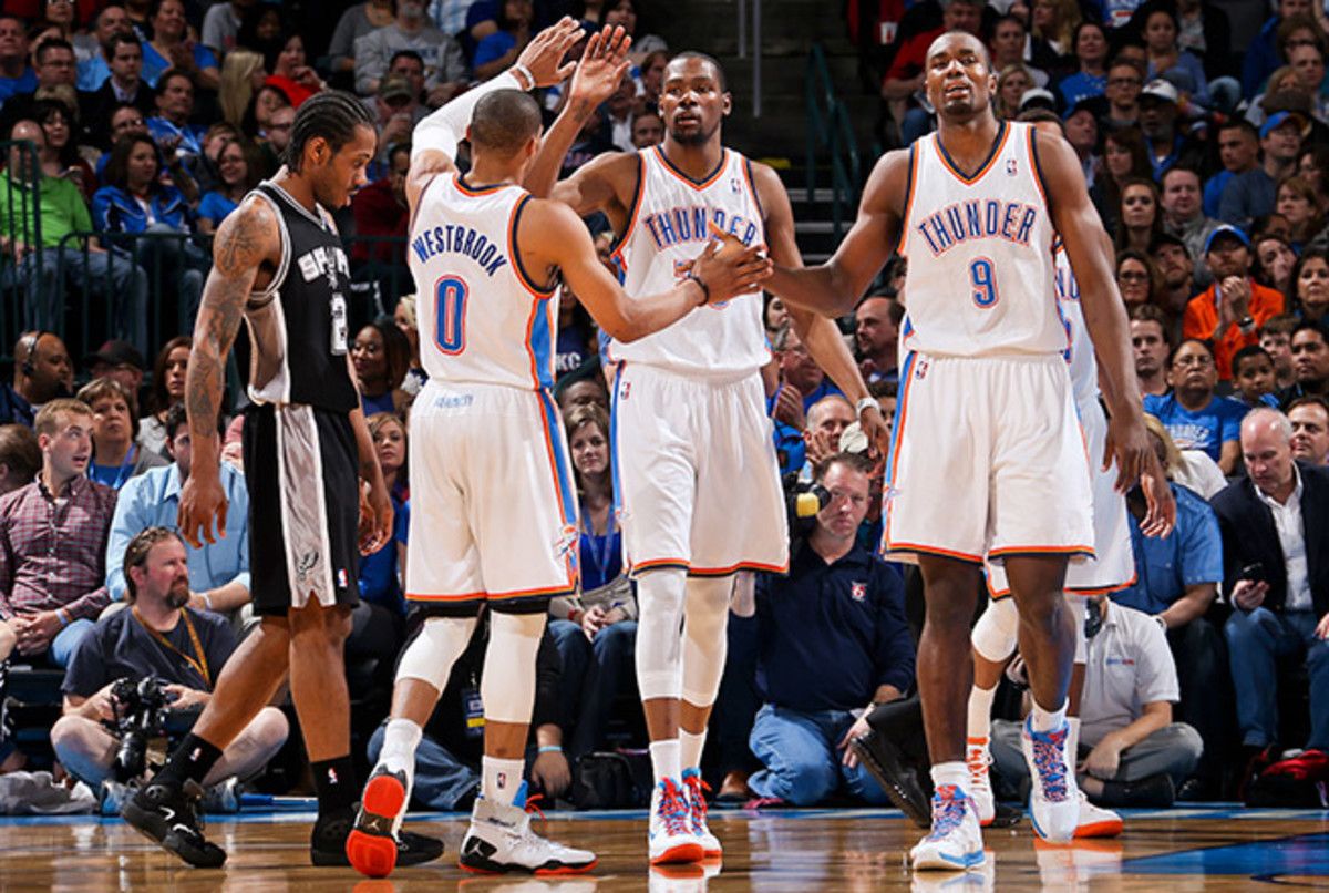 With Serge Ibaka (far right) sidelined, an even bigger burden falls on the Thunder's superstar duo.