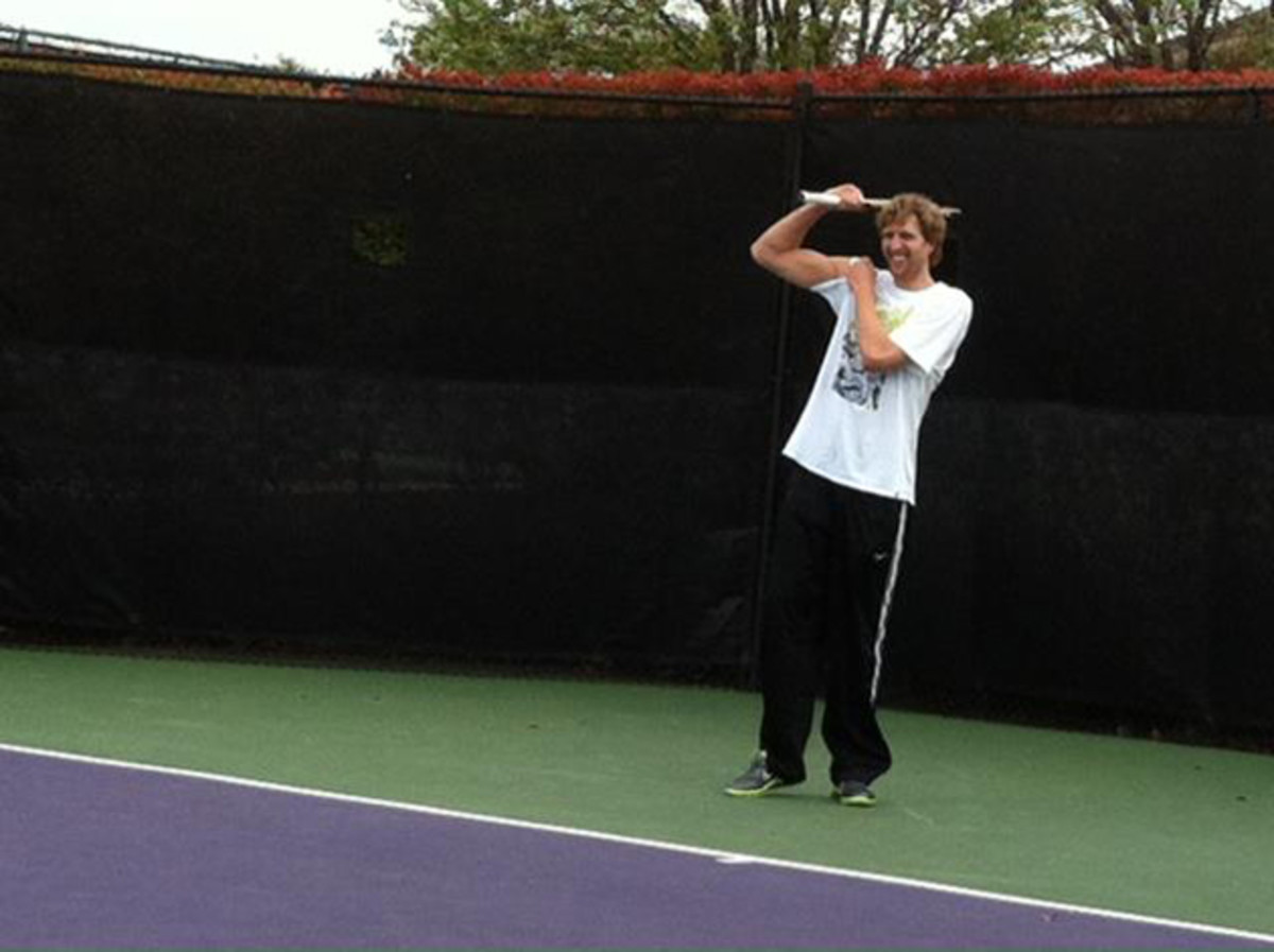 Nowitzki joined Tommy Haas on the court in Dallas to hit a few balls in 2012.
