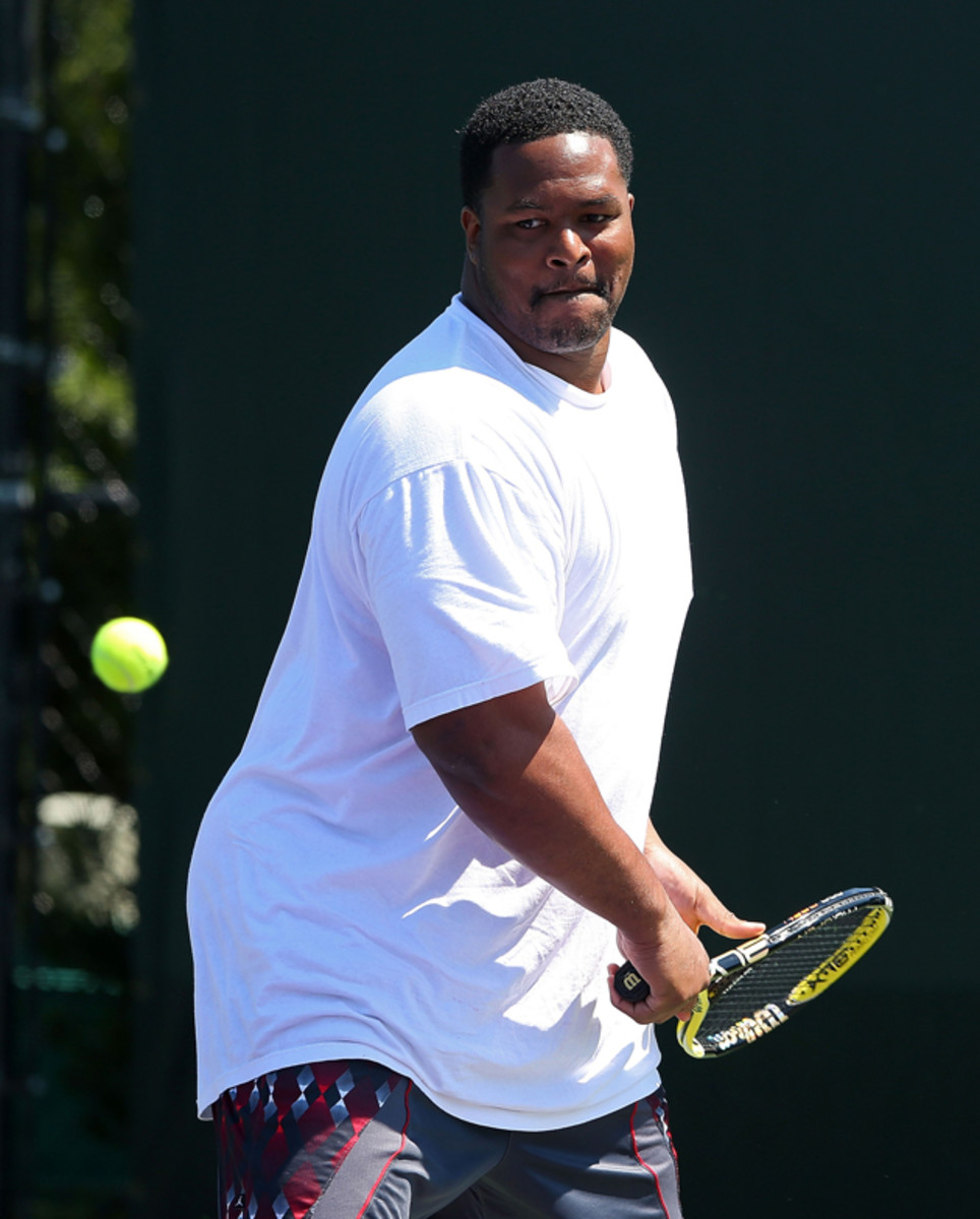 Super Bowl champion Bryant McKinnie teamed up with Katarina Srebotnik to play a mixed doubles match against Ryan Tannehill and Nadia Petrova during the Sony Open in 2013. 