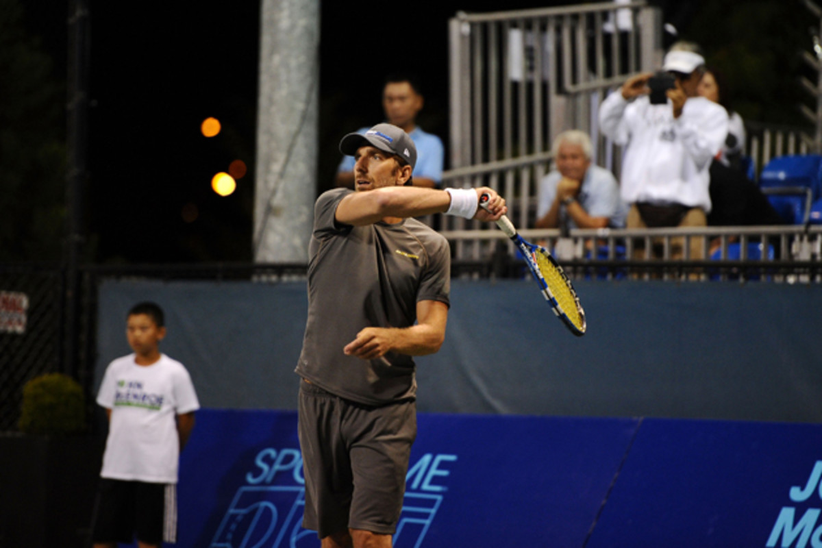 Lundqvist practices his shot at the Johnny Mac Tennis Project Benefit in August 2014 in New York City.  