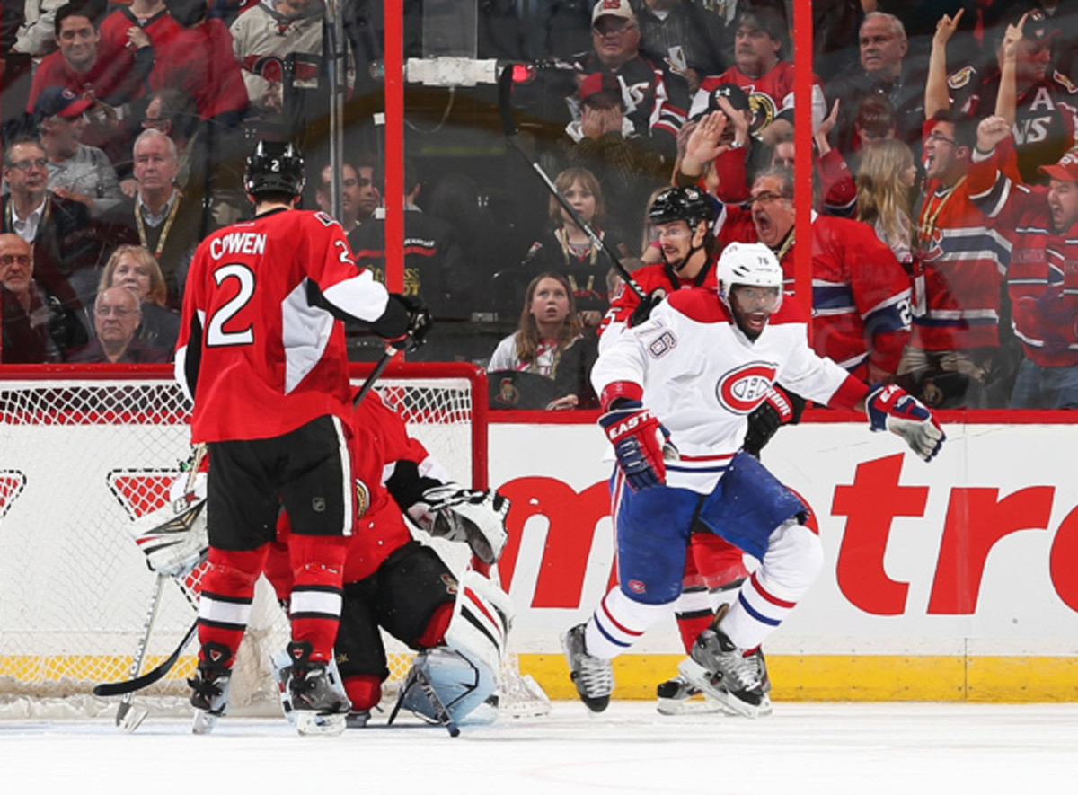 Montreal's P.K. Subban exuberantly celebrated his overtime winner and drew the ire of Ottawa's Craig Anderson. (Andre Ringuette/Getty Images)