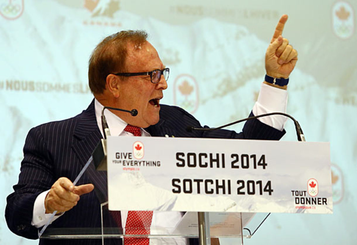 Marcel Aubut, president of Canada'a Olympic Committe, gave a long windy speech before the men's hockey roster was announced.