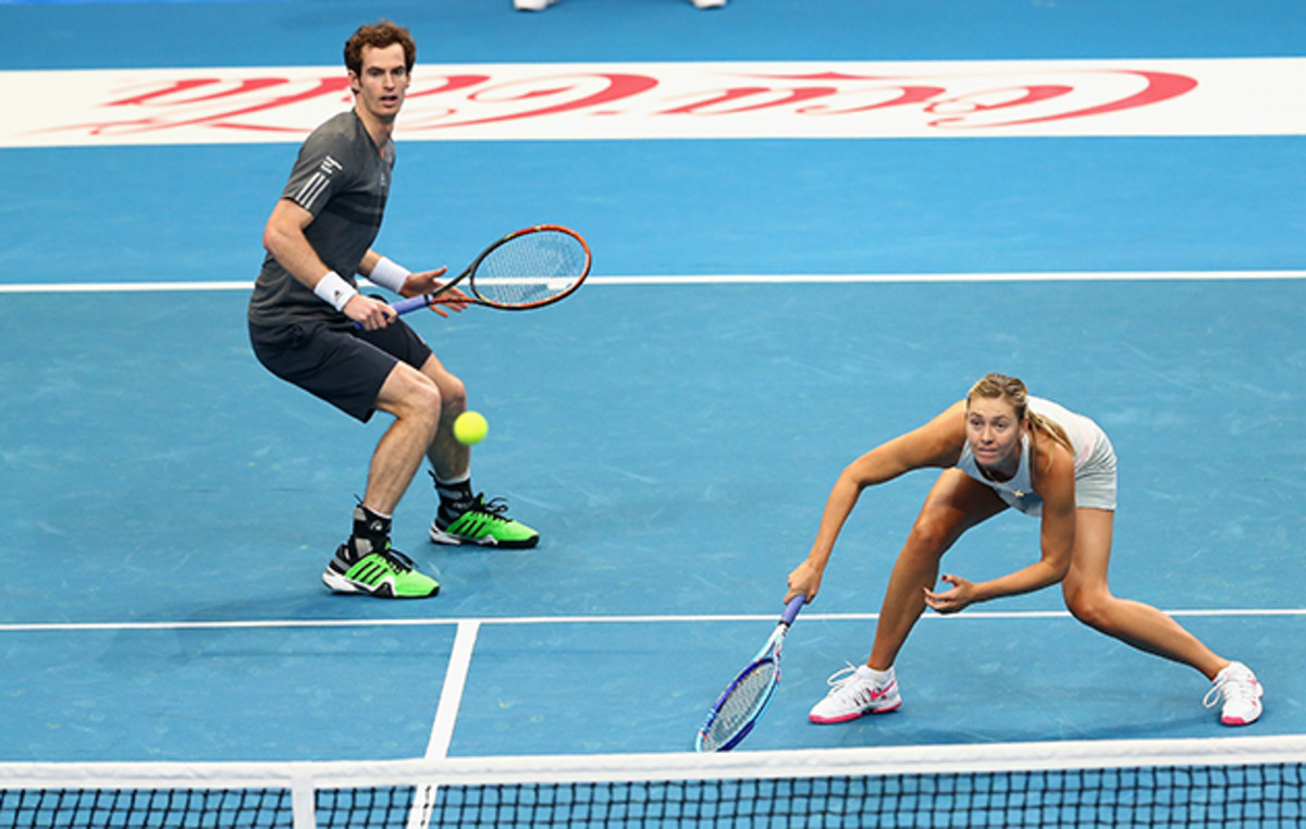Murray and Sharapova in action against Kristina Mladenovic and Nenad Zimonjic.