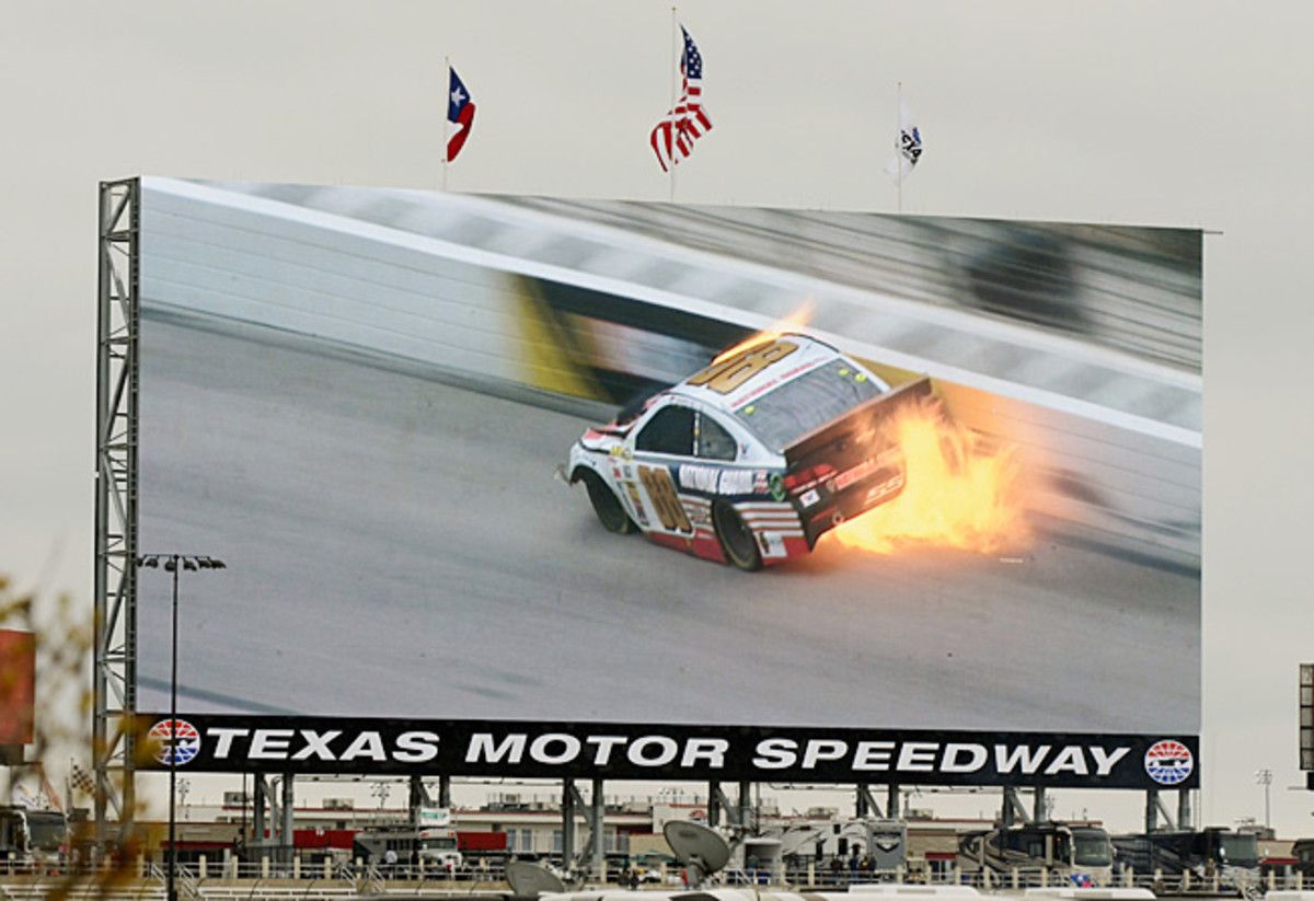 Dale Earnhardt Jr. lit up the huge video board at Texas Speedway with his crash early in Monday's race.