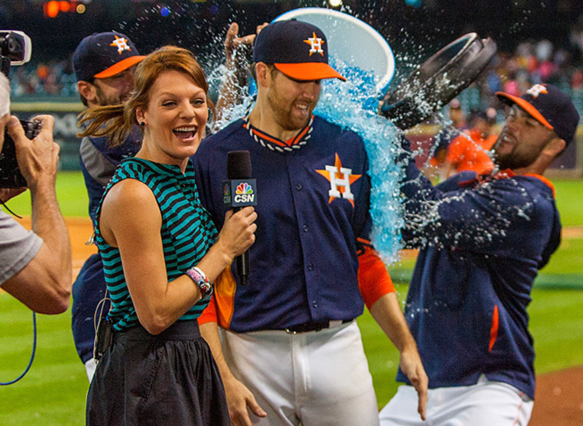 An unsuspecting Collin McHugh receives a Gatorade shower after holding the A's to two hits in 8 2/3 innings.