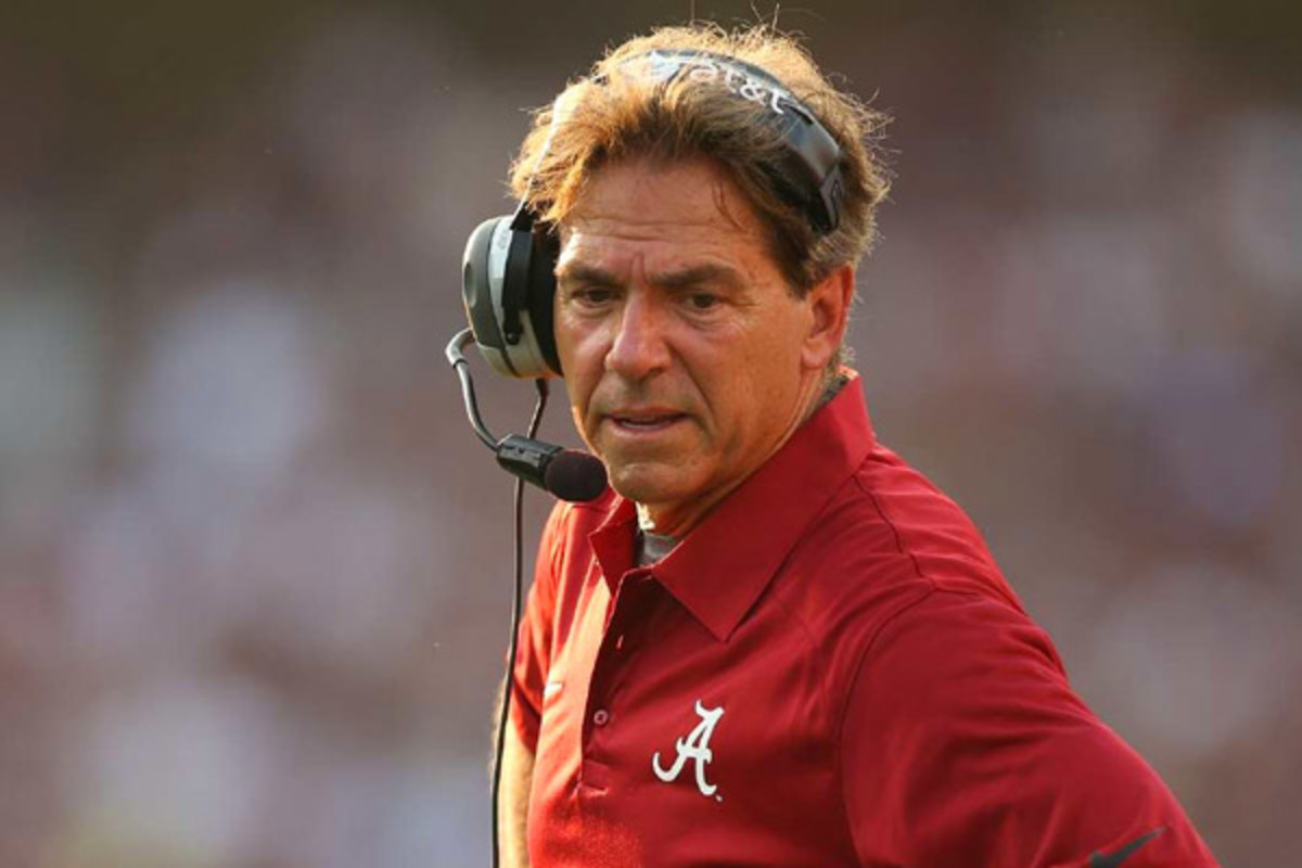 Nick Saban was not excited to be asked about Pat White's remarks on Alabama recruiting. (Darren Carroll/SI)