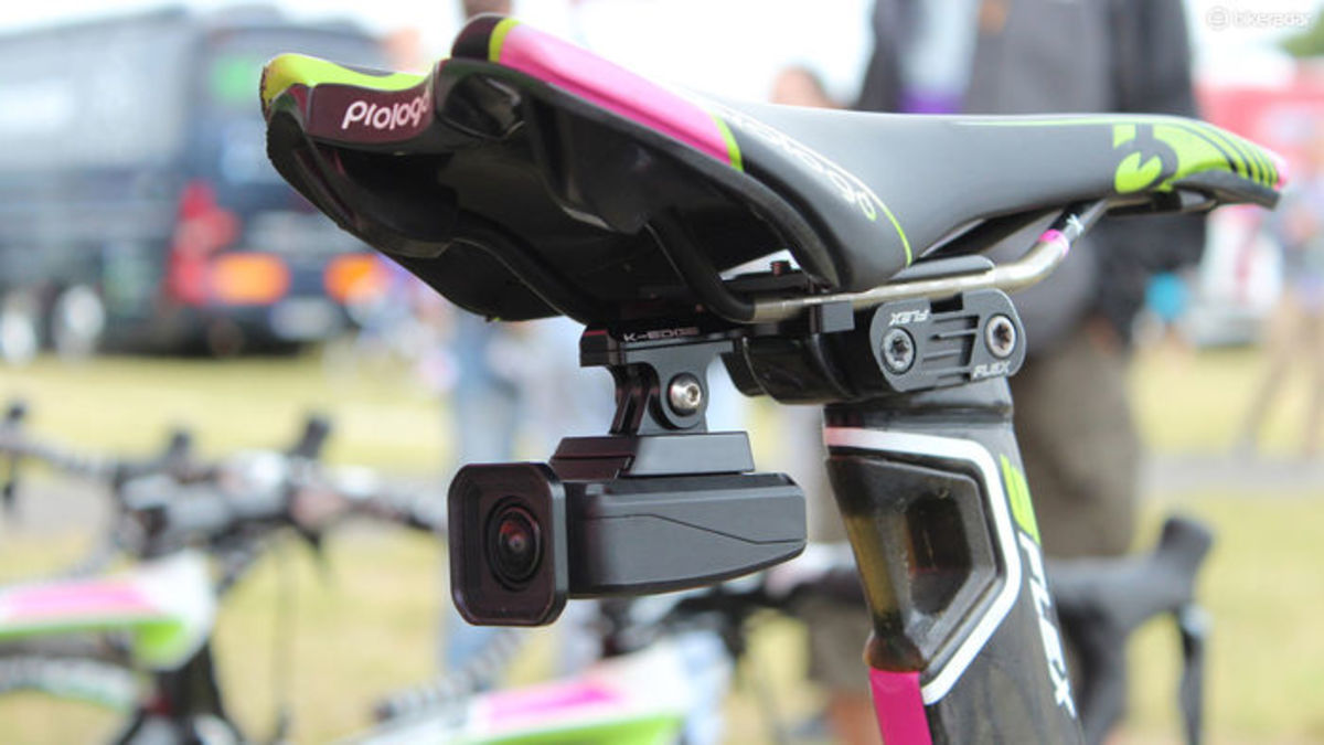 The Shimano camera mounted underneath the saddle of a bike. 
