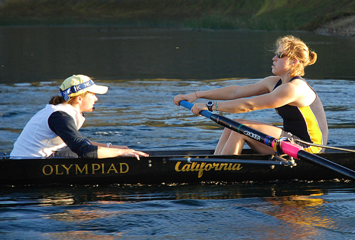 Jill Costello (left) in action as one of the coxswains of the Cal women's rowing team.