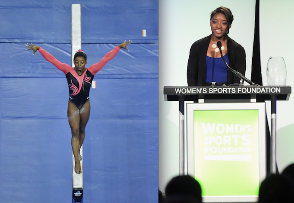Simone Biles addresses the crowd at the 35th Annual Salute to Women in Sports