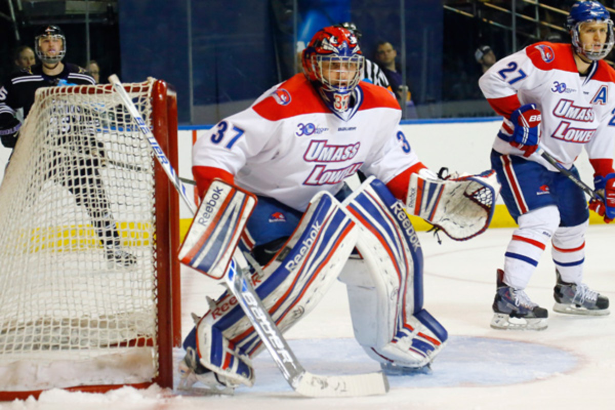 Connor Hellebuyck starred in Lowell's rise as a college hockey power over the past two seasons. (Fred Kfoury/Icon SMI)