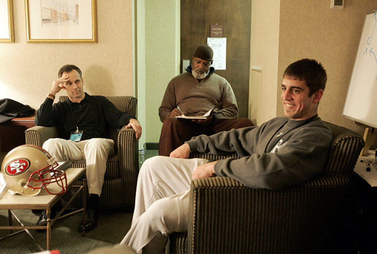 49ers coach Mike Nolan, Dr. Harry Edwards and Aaron Rodgers