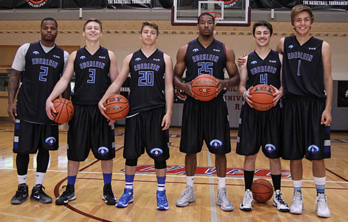 The unlikely squad featured ex-college players Velton Jones (No. 2) and Nick Christian (No. 25) plus friends Joe Oster, Craigen Oster, Jacob Hirschmann and would-be mascot Aeneas Koosis (left to right).