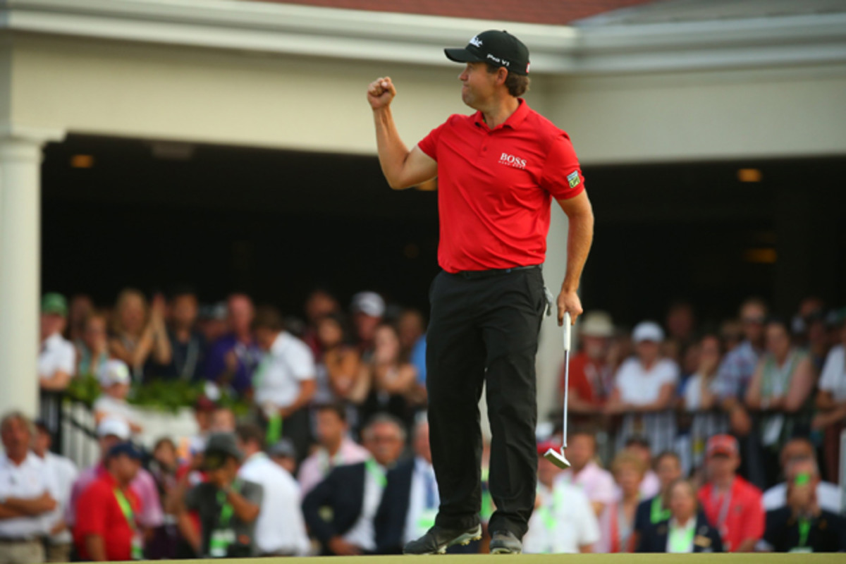 Erik Compton confirms victory after taking his final putt during the fourth round of the U.S. Open at Pinehurst Resort and Country Club.