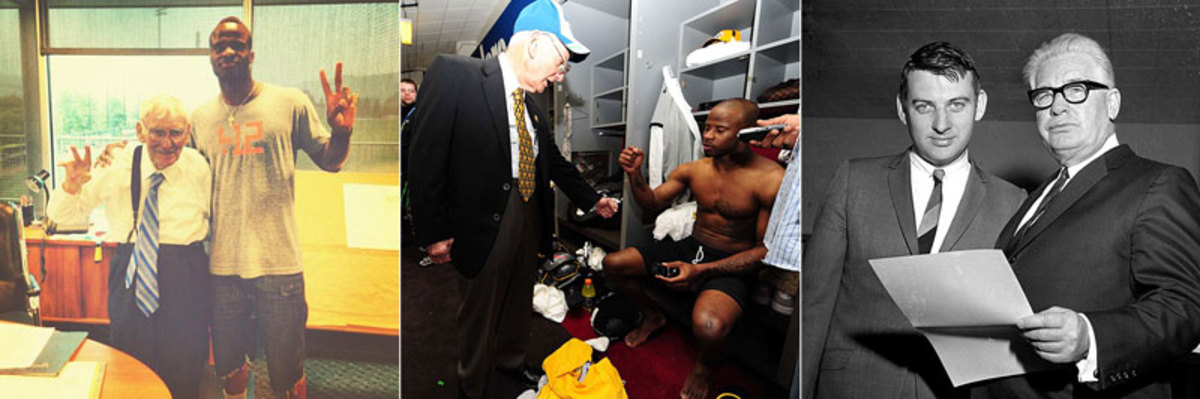 Ike Taylor in Steelers owner Dan Rooney’s office, and together celebrating victory after Super Bowl XLIII. Far right, Dan Rooney with his father Art in 1966. (Courtesy photo :: Michael J. LeBrecht II for Sports Illustrated :: AP)