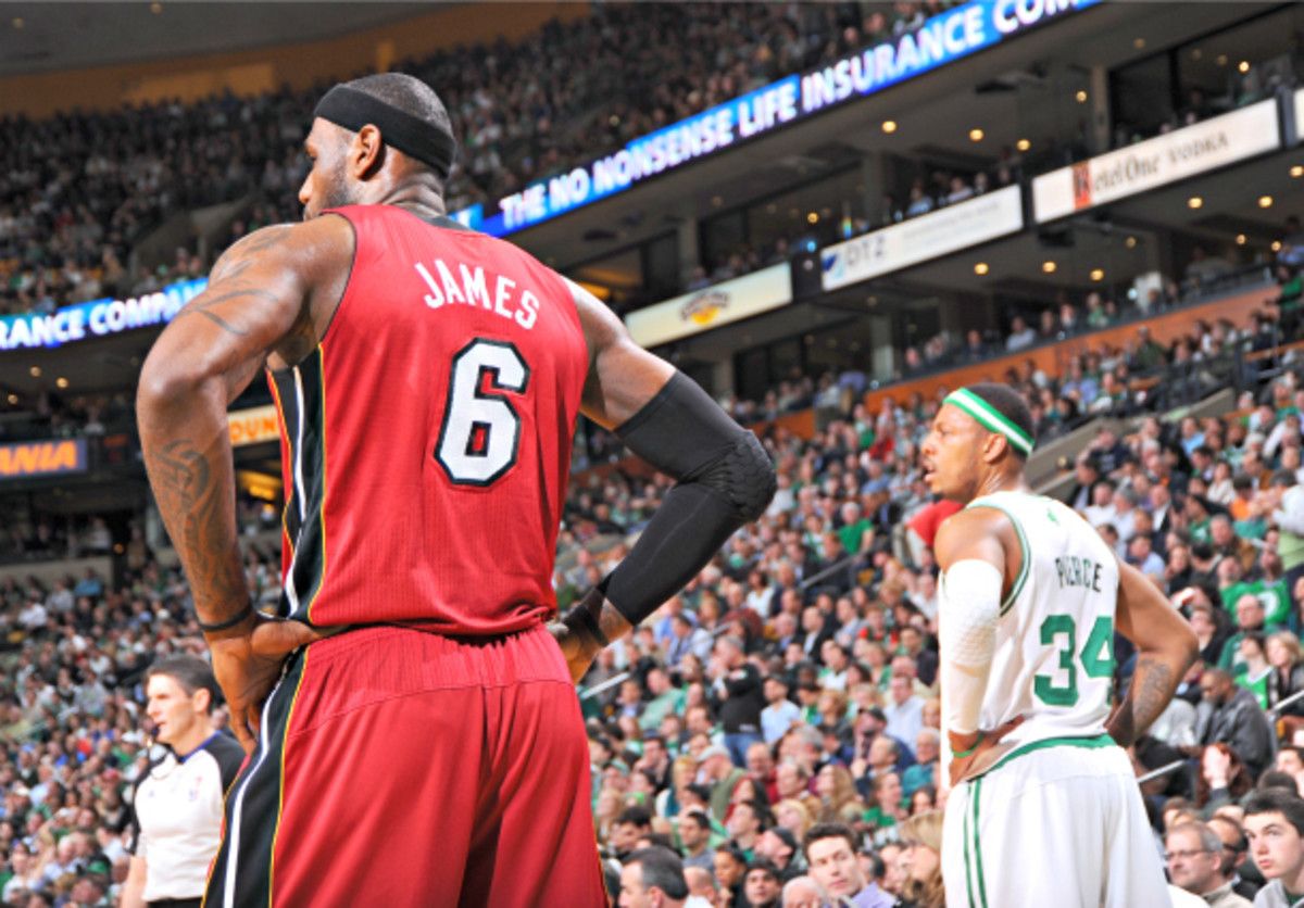 There's no love lost between LeBron James' Heat and their former Celtic rivals, Paul Pierce and Kevin Garnett. (Brian Babineau/NBAE via Getty Images)
