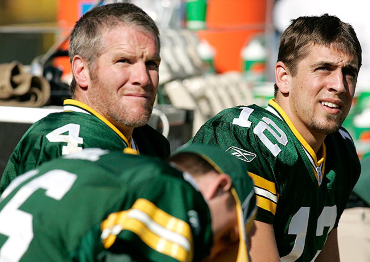 Aaron Rodgers (right) is the starting QB on Brett Favre's fantasy team.