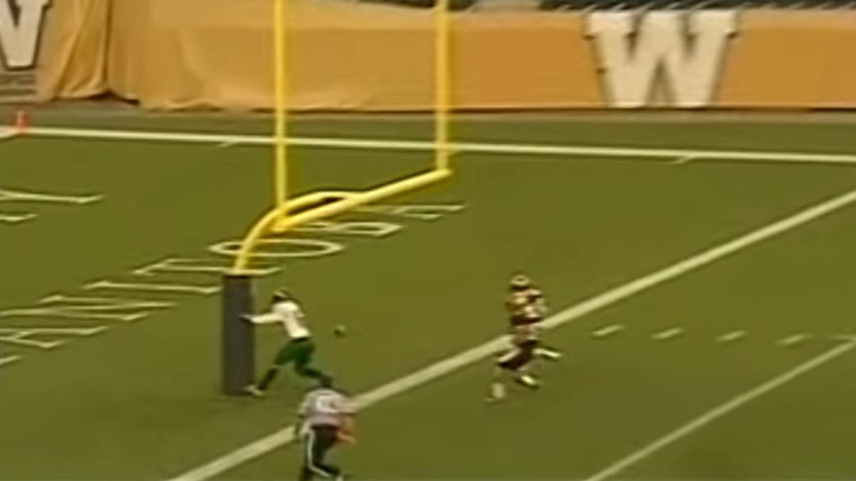 Canadian football player for University of Regina runs into goal post