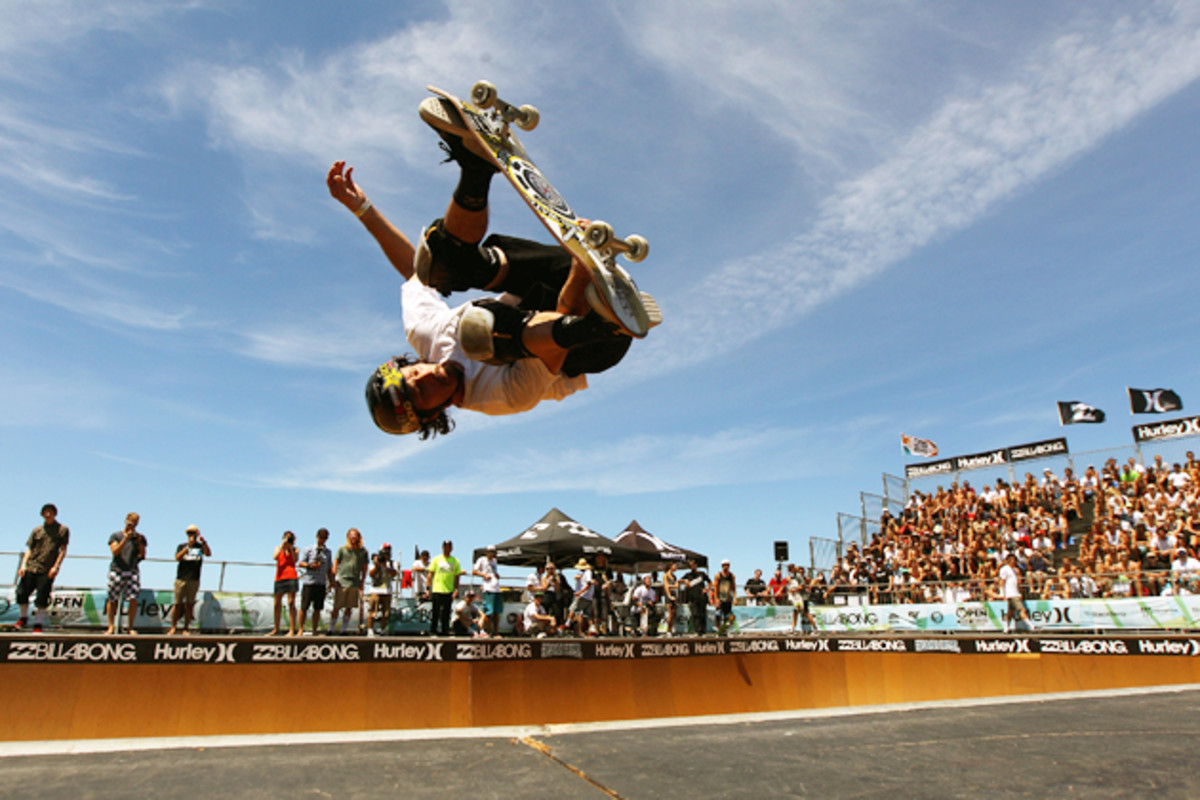 Bucky Lasek practices skating in the 'Beach Bowl' during the 2012 Australian Surfing Open in Manly, Australia.