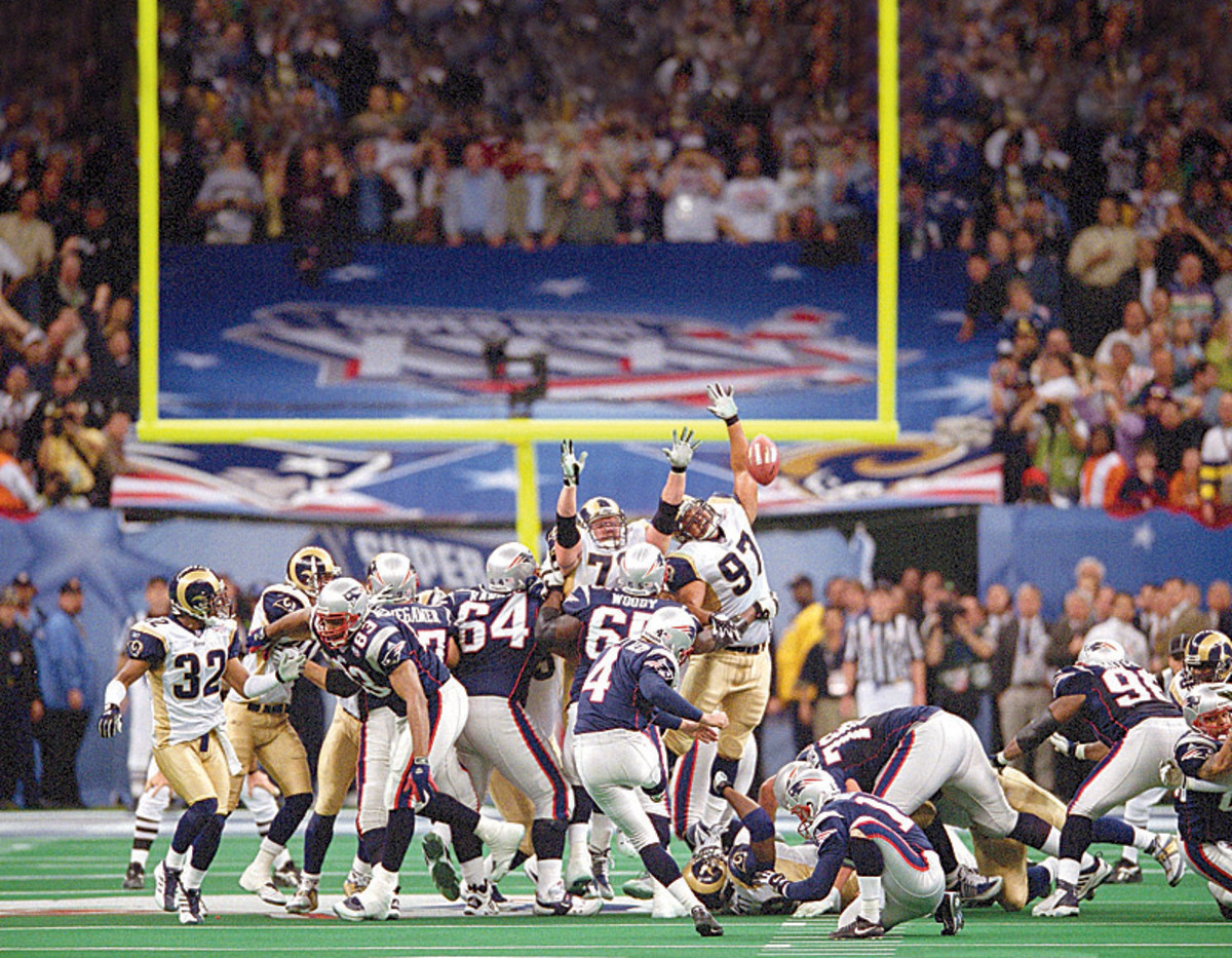 Adam Vinatieri's field goal to seal one of the greatest upsets in Super Bowl history came one week later than scheduled. (John Biever/Sports Illustrated)
