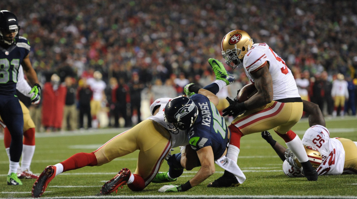 Bowman was injured on this tackle in the NFC Championship Game in January 2014 when Jermaine Kearse landed on his planted knee. (Photo: Rod Mar for Sports Illustrated/The MMQB)