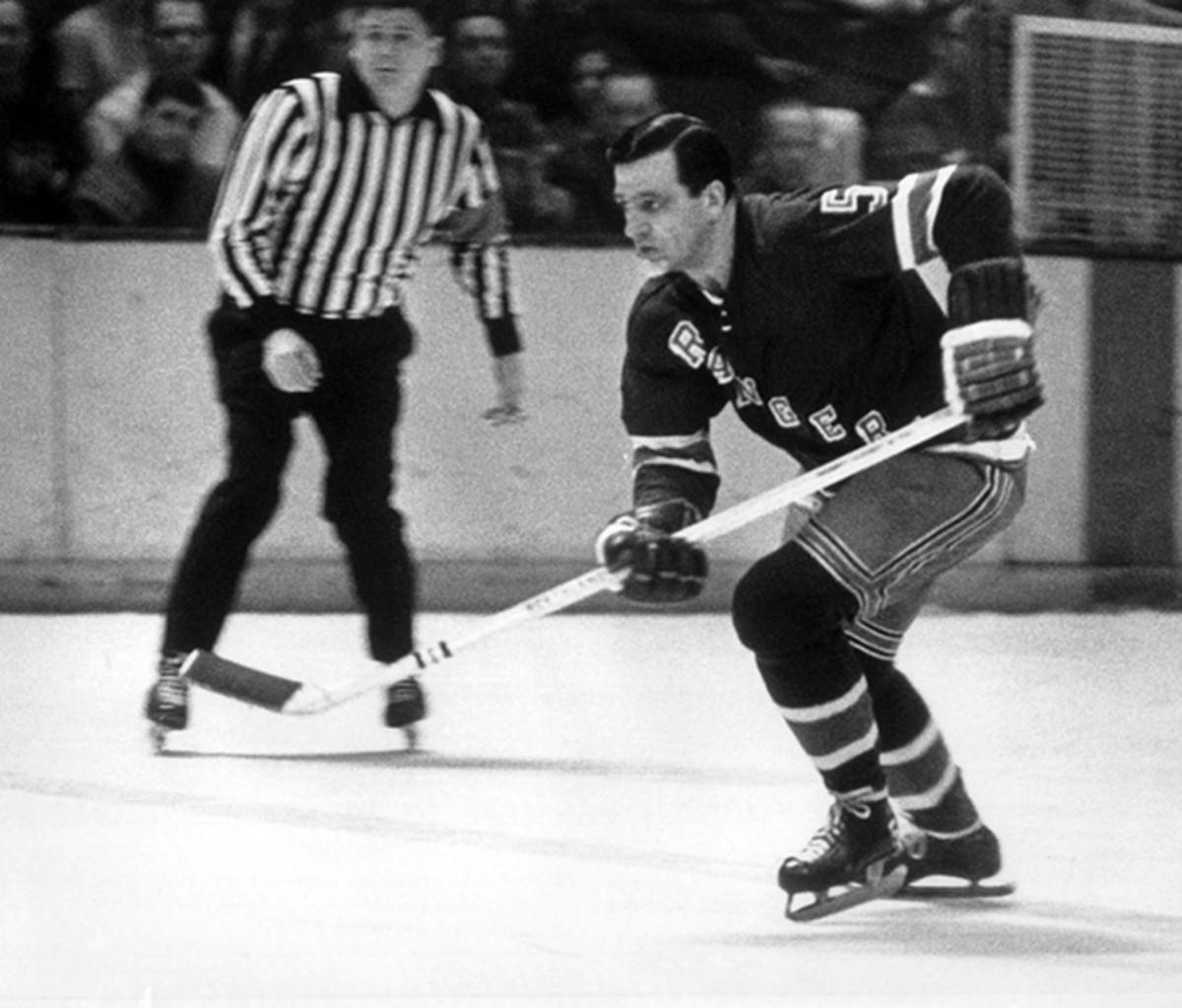 Bernie 'Boom Boom' Geoffrion skates up the ice during an NHL game circa 1966 at the Madison Square Garden. Geoffrion claimed to have invented the slapshot back in the 1950s.