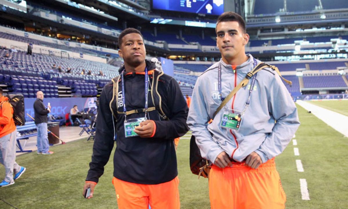 Jameis Winston and Marcus Mariota at the 2015 NFL combine. (Todd Rosenberg/Sports Illustrated/The MMQB)