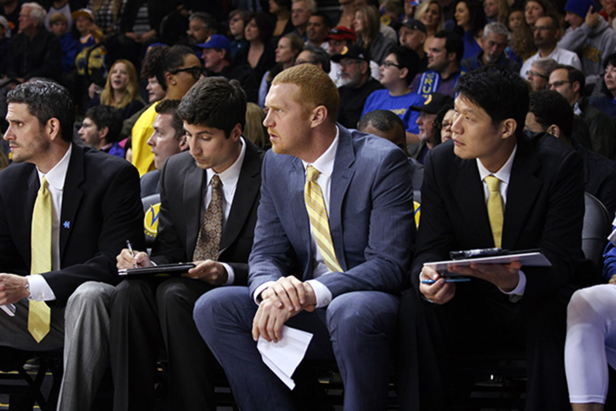 Scalabrine working as an assistant coach, watching the Santa Cruz Warriors from the bench against the Bakersfield Jam in April 2014.